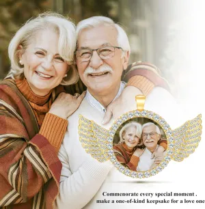 Custom Picture Necklace,Personalized Photo Necklace Memory Circle Chain with Angel Wings Pendant,Gift for Men Women