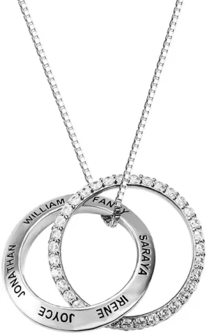 Custom Russian Ring Necklace In 925 Sterling Silver Cubic Zirconia Interlocking Circle Necklace With Name Personalized Engraved Pendant Necklace Mother Family Jewelry Gifts For My Sister Daughter