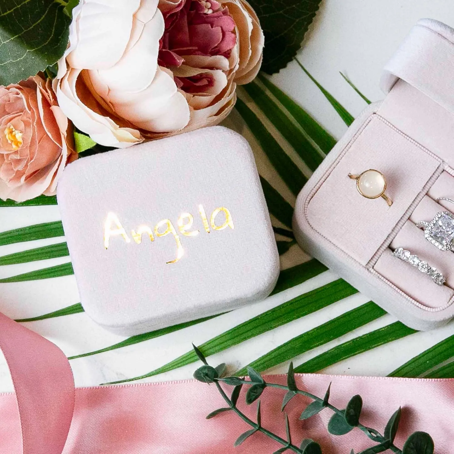 Customizable Velvet Ring Box, Travel Jewelry Case, Organizer for Women & Girls (Light Pink, Ring Box)
