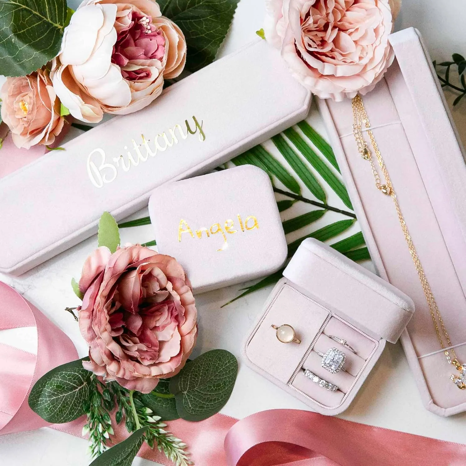 Customizable Velvet Ring Box, Travel Jewelry Case, Organizer for Women & Girls (Light Pink, Ring Box)
