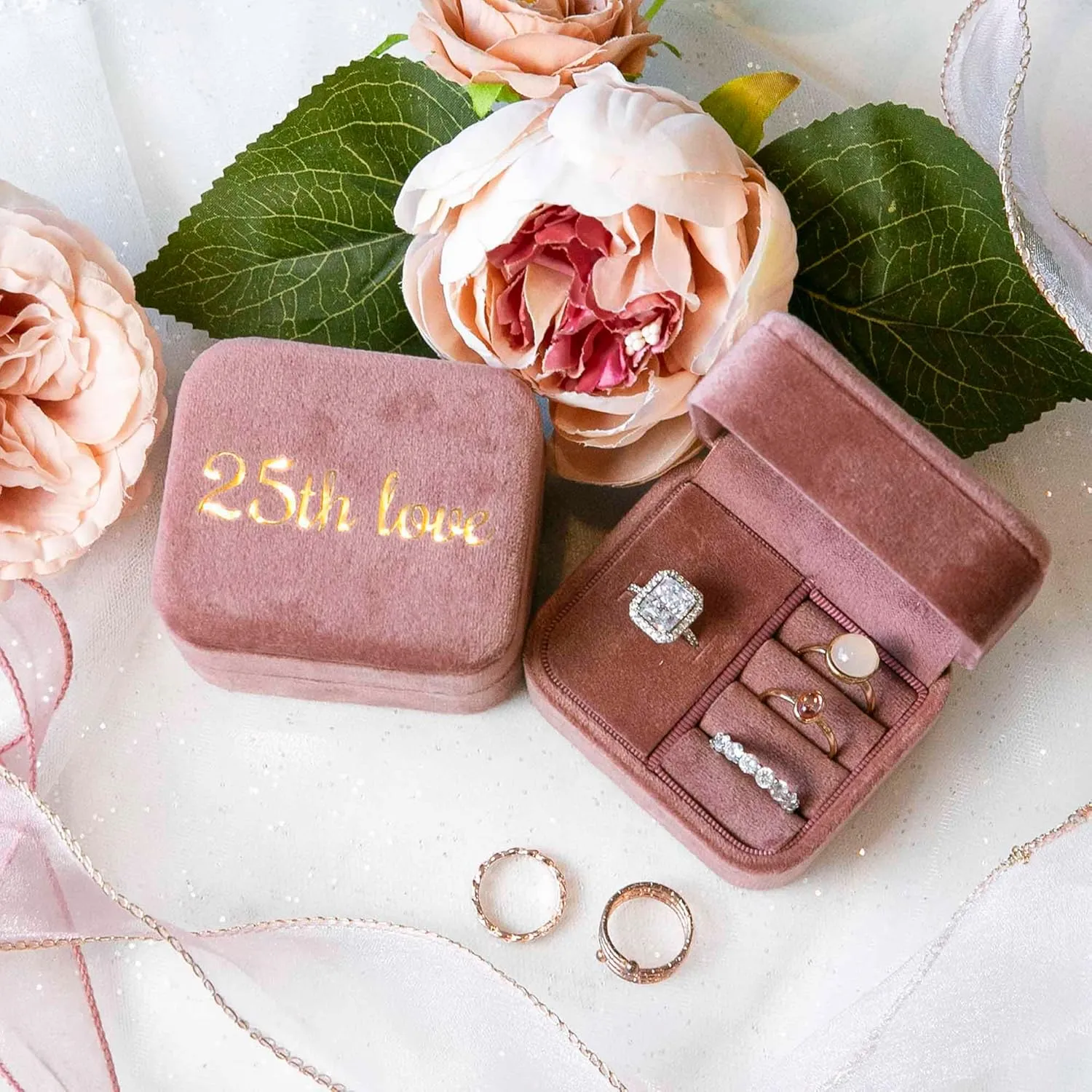 Customizable Velvet Ring Jewelry Box, Travel Jewelry Case, Organizer for Women and Girls, Small Ring Box (Nude Pink)