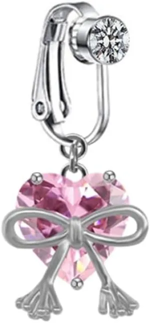Cute Pink CZ Heart Dangle Non Piercing Fake Belly Button Rings for Women Sparkling Crystal Love Heart Bowknot Clip On Non-Pierced Belly Navel Ring Fake Navel Body Piercing Jewelry
