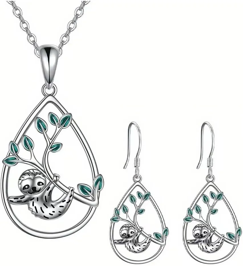 Cute Sloth Pendant Necklace Earrings Set Green Leaf Waterdrop Necklace Earrings Animal Jewelry for Women