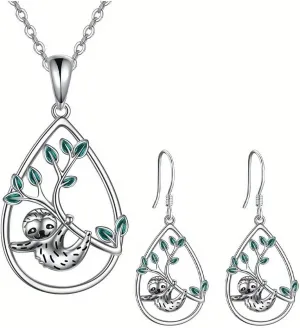 Cute Sloth Pendant Necklace Earrings Set Green Leaf Waterdrop Necklace Earrings Animal Jewelry for Women