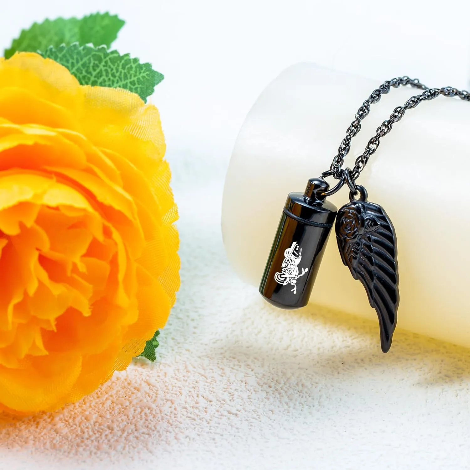 Cylinder Urn Necklace for Ashes Memorial Ashes Necklace with Angel Wing Motorcycle Biker Memorial Urn Pendant Ash Keepsake Cremation Jewelry