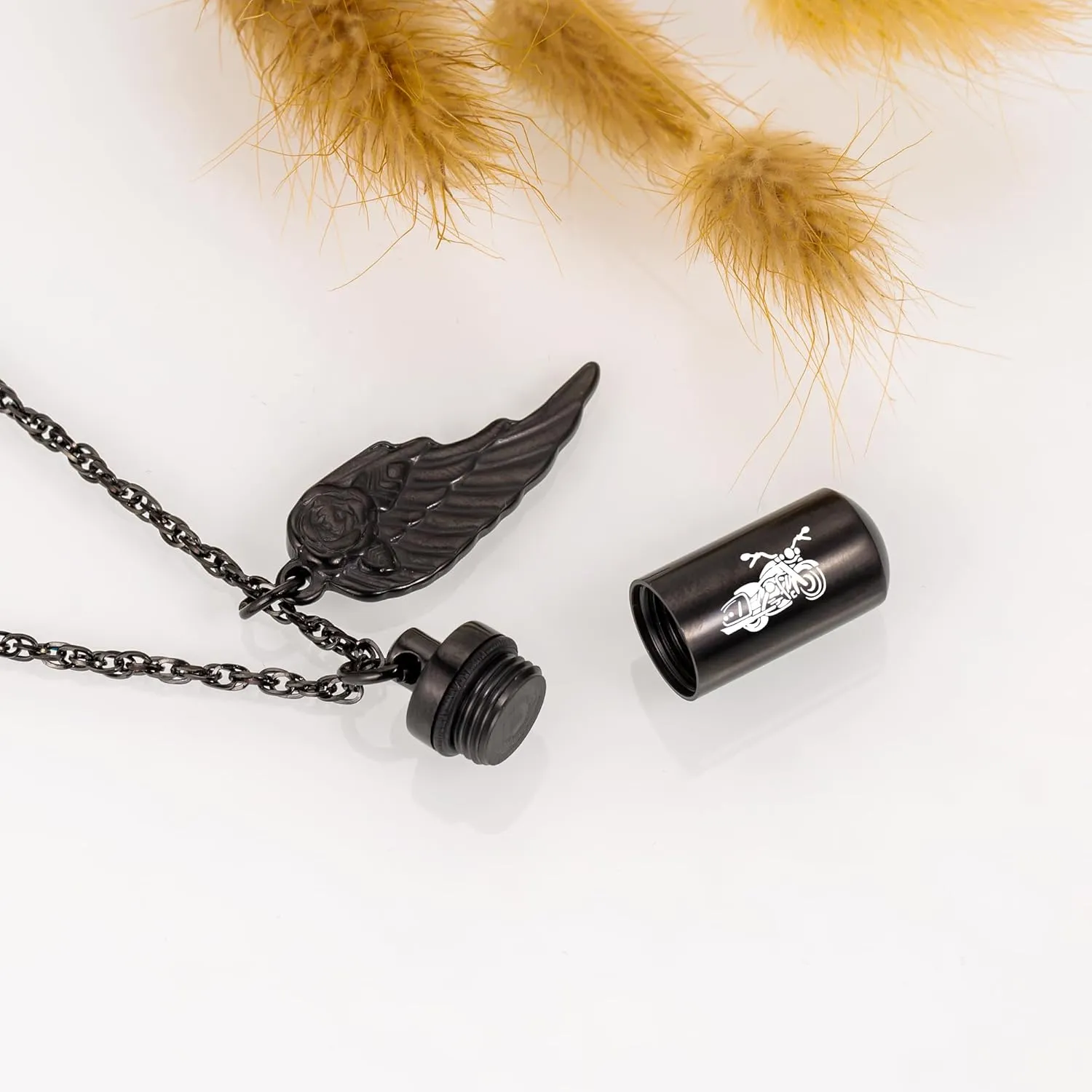 Cylinder Urn Necklace for Ashes Memorial Ashes Necklace with Angel Wing Motorcycle Biker Memorial Urn Pendant Ash Keepsake Cremation Jewelry