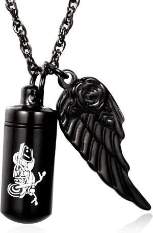 Cylinder Urn Necklace for Ashes Memorial Ashes Necklace with Angel Wing Motorcycle Biker Memorial Urn Pendant Ash Keepsake Cremation Jewelry