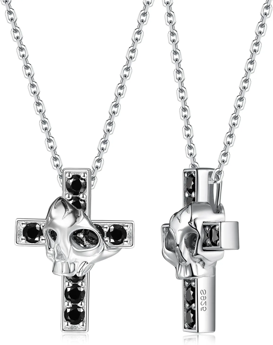 CYW Moissanite Skull Cross/Spider/Raven Necklace for Men Women, Intriguing Design, Really Authentic Solid 925 Sterling Silver with Rhodium Finish, 16"/18"/20" Adjustable, Halloween Jewelry