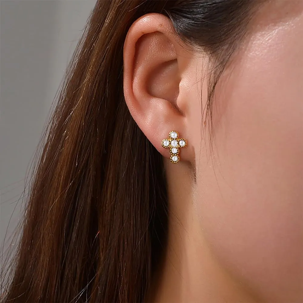 CZ Pearl Cross Stud Earrings for Women Stainless Steel 14K Gold Plated Small Cross Studs Earrings Fashion Ear Jewelry
