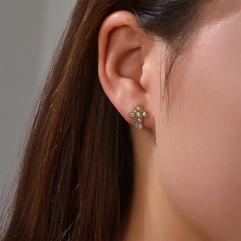 CZ Pearl Cross Stud Earrings for Women Stainless Steel 14K Gold Plated Small Cross Studs Earrings Fashion Ear Jewelry
