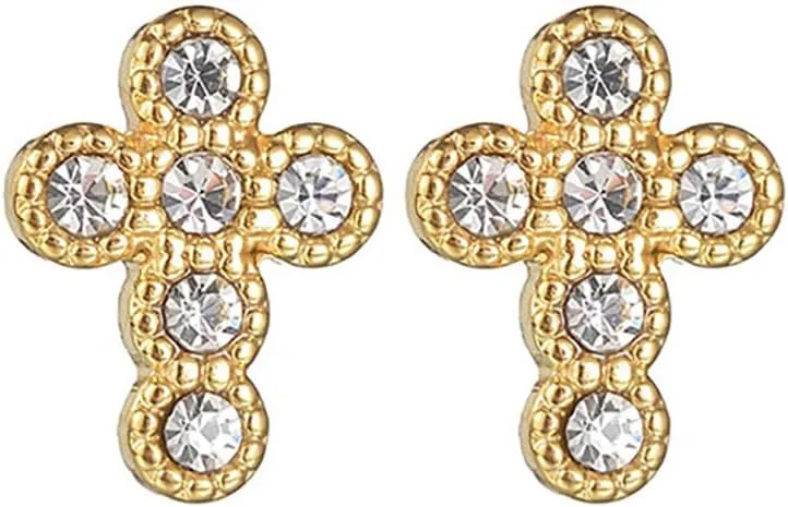 CZ Pearl Cross Stud Earrings for Women Stainless Steel 14K Gold Plated Small Cross Studs Earrings Fashion Ear Jewelry