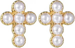CZ Pearl Cross Stud Earrings for Women Stainless Steel 14K Gold Plated Small Cross Studs Earrings Fashion Ear Jewelry