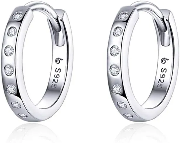 CZ Small Hoop Earrings for Women Teen Girls 925 Sterling Silver Cubic Zirconia Cuff Cartilage Ear Tiny Hinged Huggie Diamond Hoops Hypoallergenic Jewelry Wedding Birthday Gift 9mm