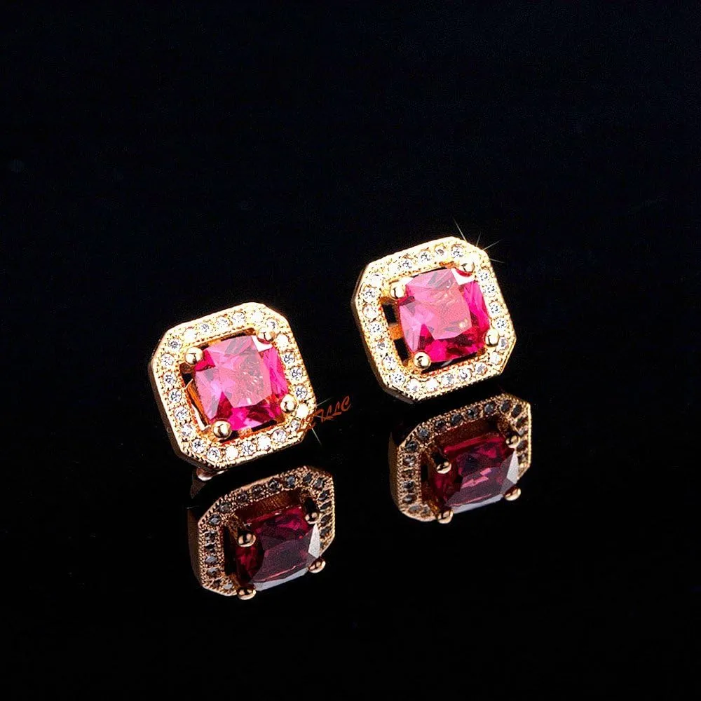 CZ Stud Earrings 2ct princess cut Cubic Zirconia 18K yellow gold plated halo square men women gift