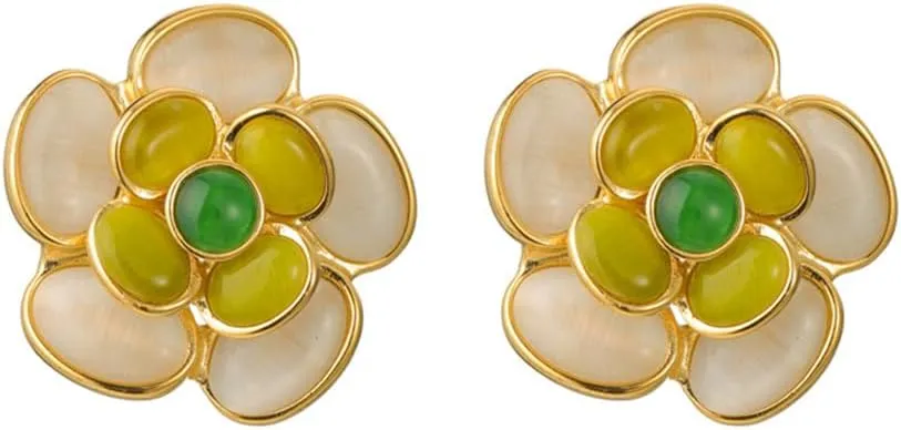 Dainty Flower Stud Earrings for Women Stainless Steel Camellia Flower Statement Earrings Petals Floral Studs Earrings Vintage Ear Jewelry