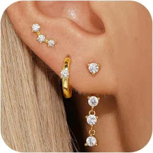 Dainty Hoop Earrings Set for Women, Gold Navy Blue | Shiny CZ Hoop Stud Earrings Set, 14K Gold Plated Jewelry Hypoallergenic Lightweight Trendy 2025