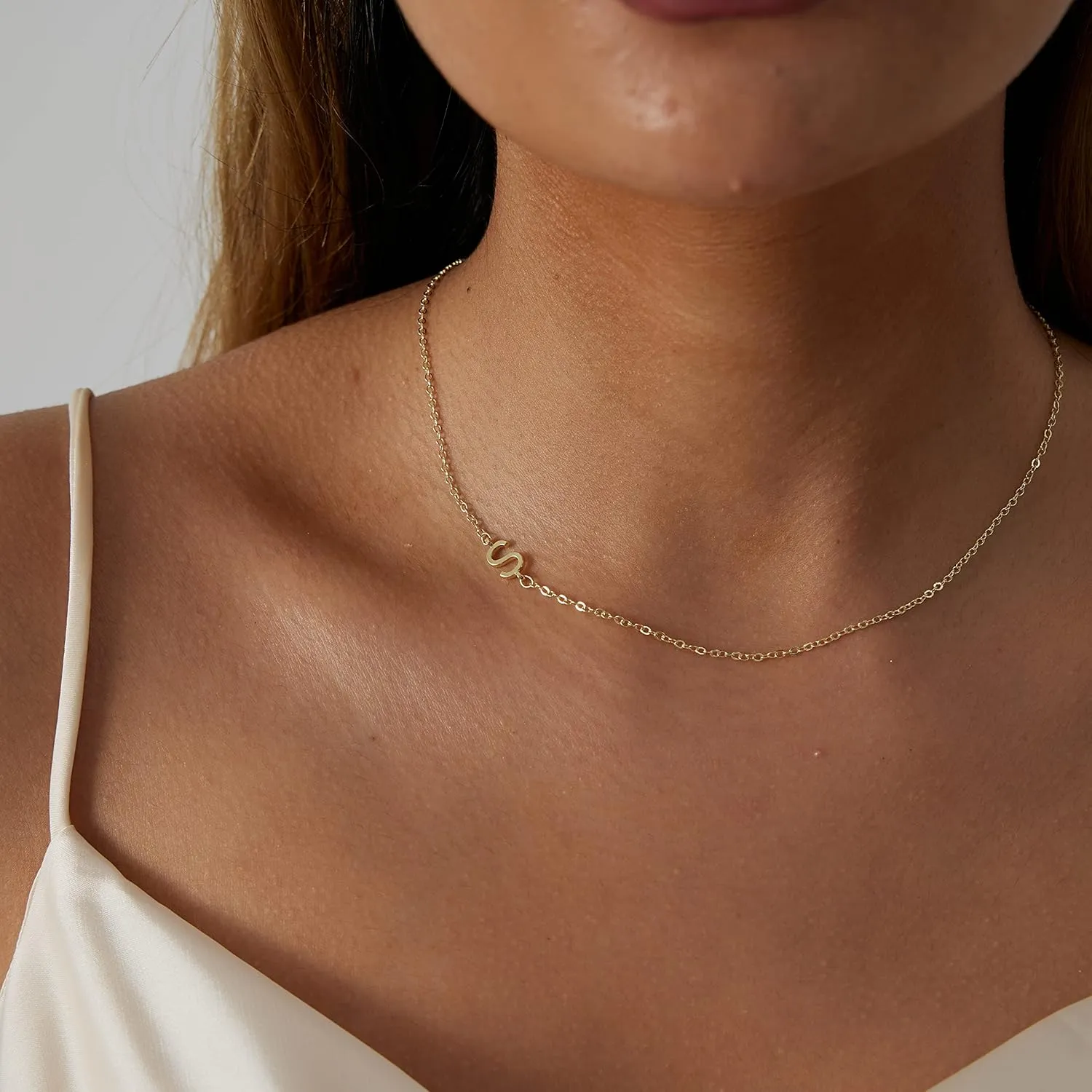 Dainty Initial Necklaces for Women 14K Gold Plated Sideways Initial Necklace Personalized Letter Necklace Everyday Jewelry Gift