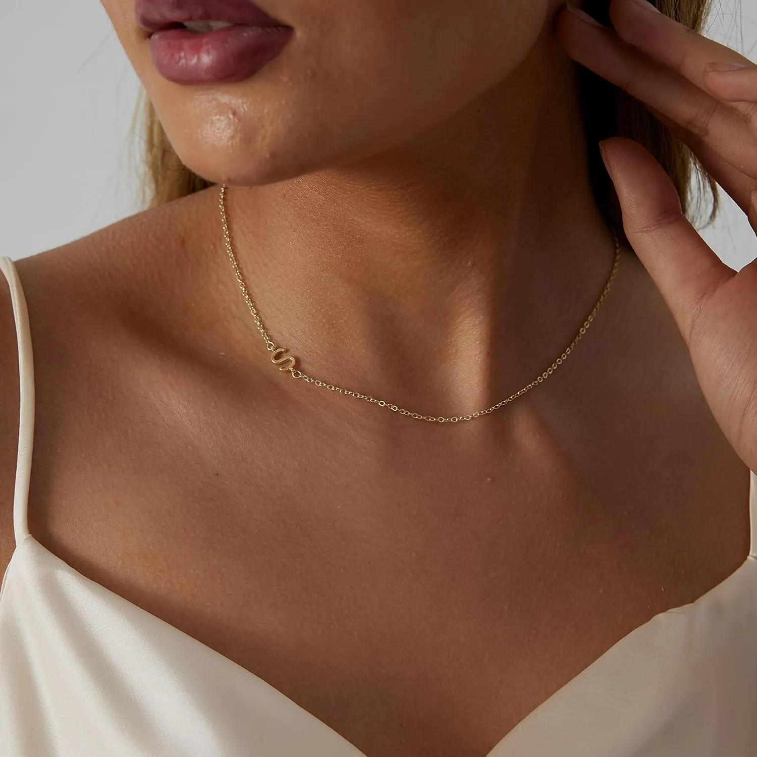 Dainty Initial Necklaces for Women 14K Gold Plated Sideways Initial Necklace Personalized Letter Necklace Everyday Jewelry Gift