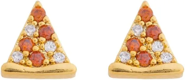 Dainty Pizza Small Stud Earrings for Women 18k Gold Plated Sparkly Red Cubic Zirconia Funny Cute Food Triangle Cheese Lovely Tiny Mini Cartilage Earring Valentine's Day Birthday Jewelry Gifts Daughter BFF