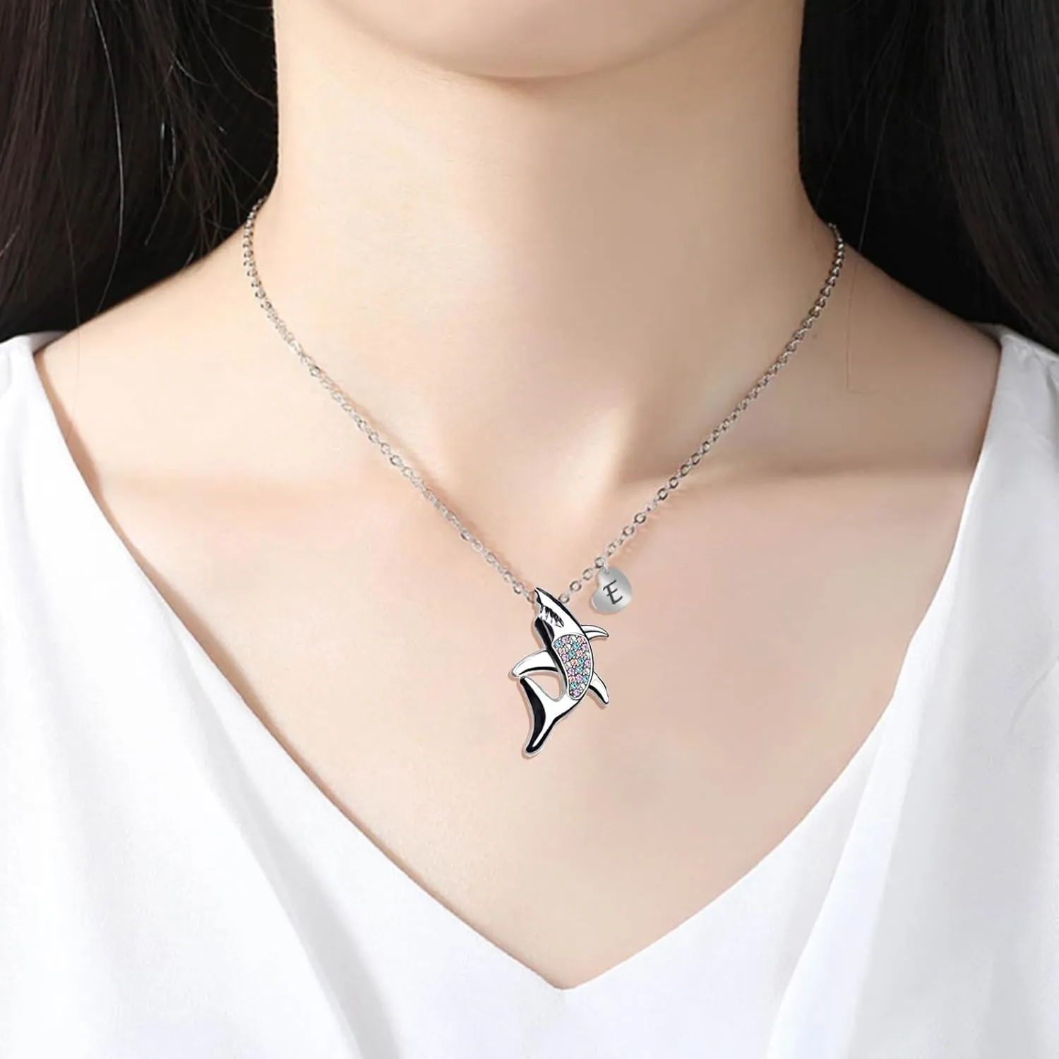 Dainty Rainbow Crystal Shark Necklaces for Women 26 Initial Shark Necklace Letter Shark Pendant Ocean Animal Jewelry Shark Lover Gifts for Her