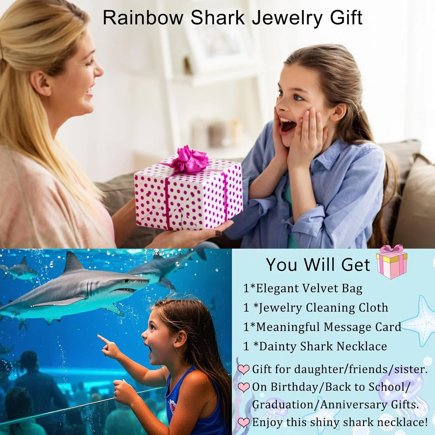 Dainty Rainbow Crystal Shark Necklaces for Women 26 Initial Shark Necklace Letter Shark Pendant Ocean Animal Jewelry Shark Lover Gifts for Her