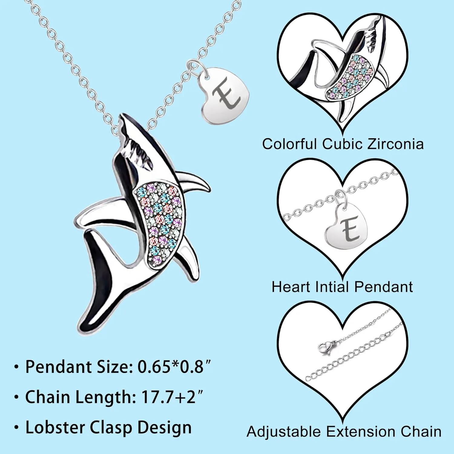 Dainty Rainbow Crystal Shark Necklaces for Women 26 Initial Shark Necklace Letter Shark Pendant Ocean Animal Jewelry Shark Lover Gifts for Her