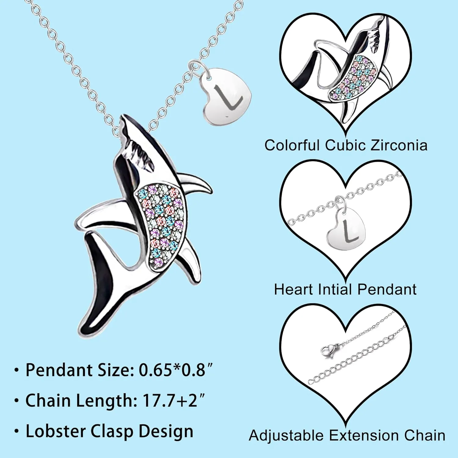 Dainty Rainbow Crystal Shark Necklaces for Women 26 Initial Shark Necklace Letter Shark Pendant Ocean Animal Jewelry Shark Lover Gifts for Her