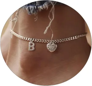 Dainty Silver Initial Heart Anklets for Women Personalized Sparkle Ankle Bracelets Simple Letter Anklet Everyday Jewelry Gift for Her