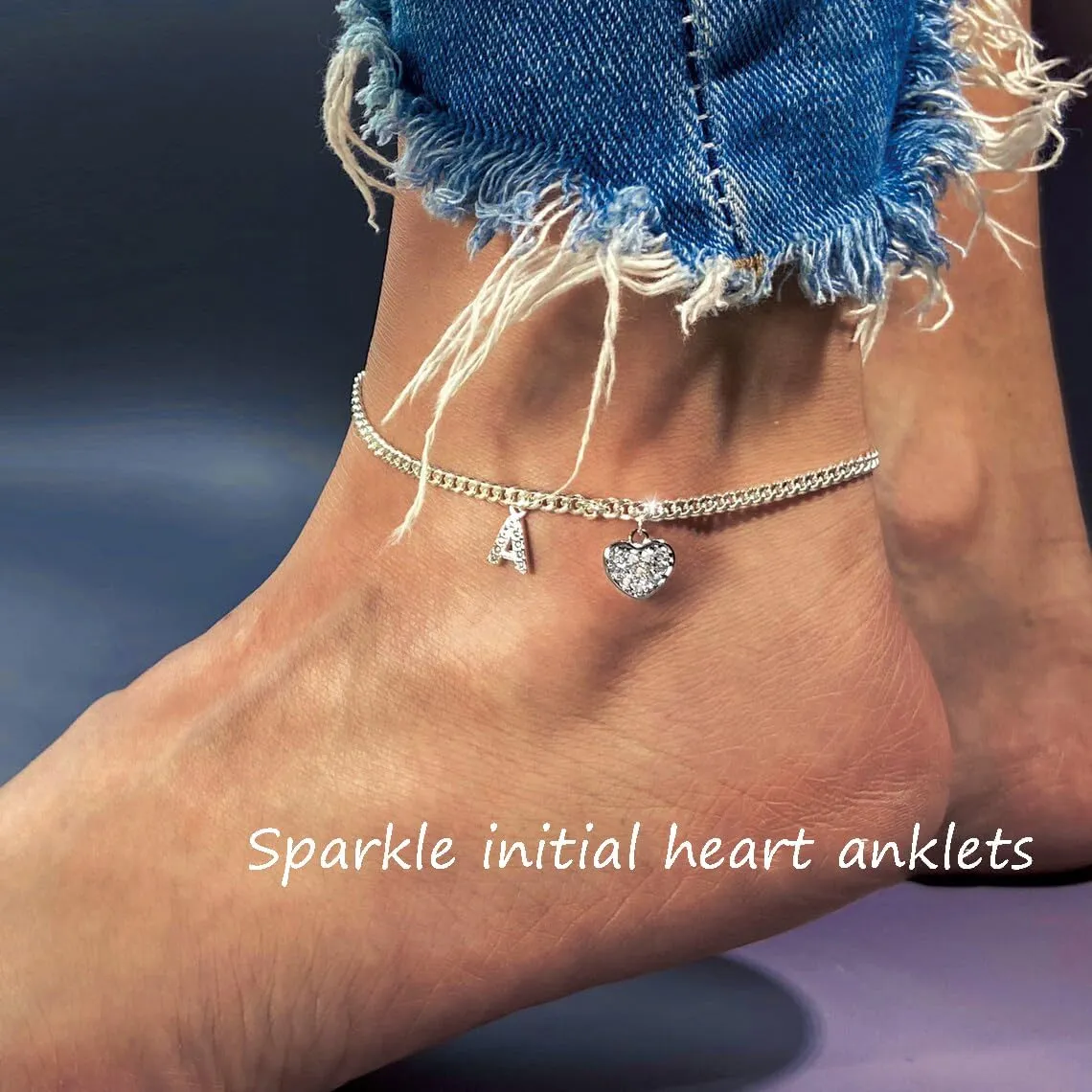Dainty Silver Initial Heart Anklets for Women Personalized Sparkle Ankle Bracelets Simple Letter Anklet Everyday Jewelry Gift for Her