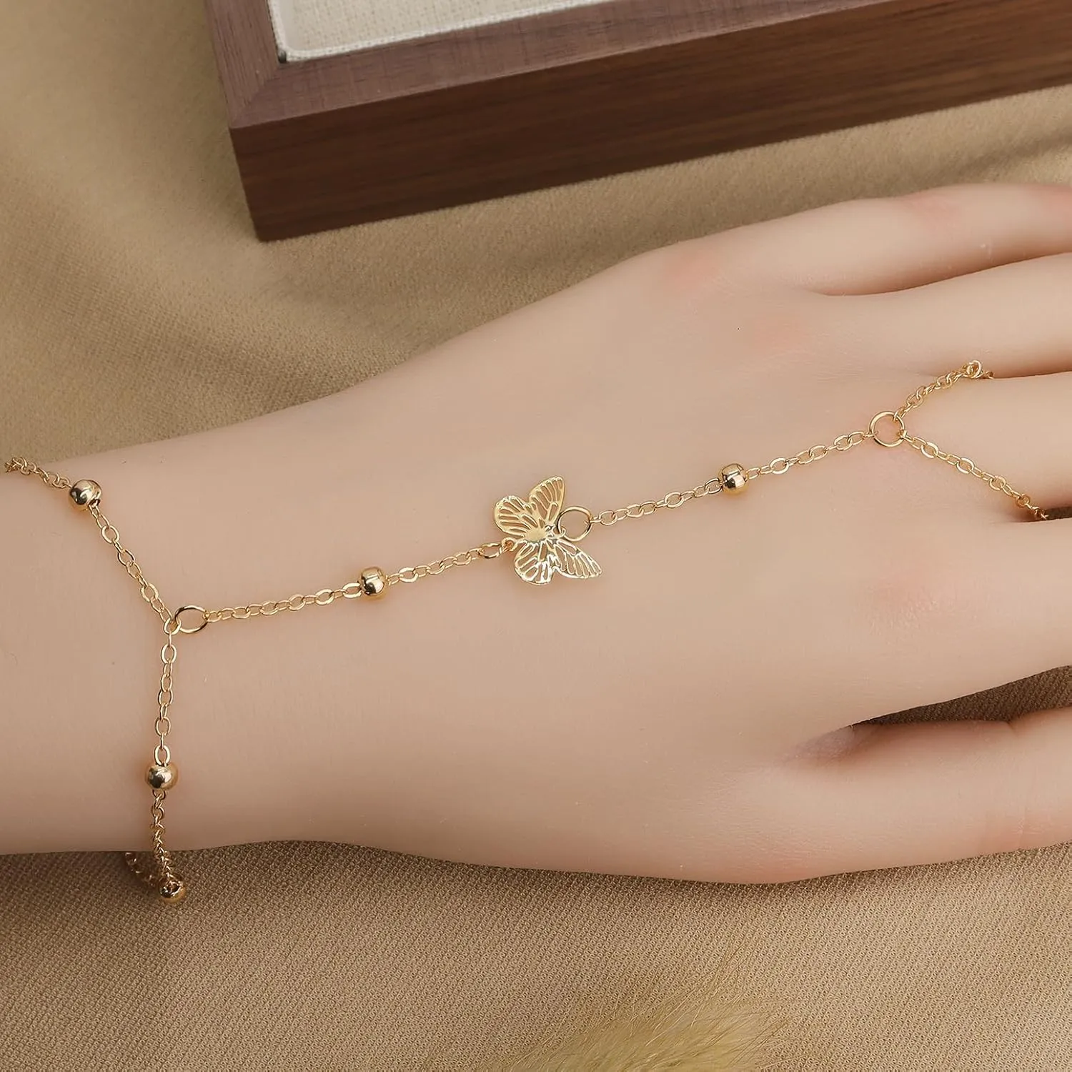 Dainty Star Butterfly Snake Hand Chain Ring Slave Bracelet for Woman