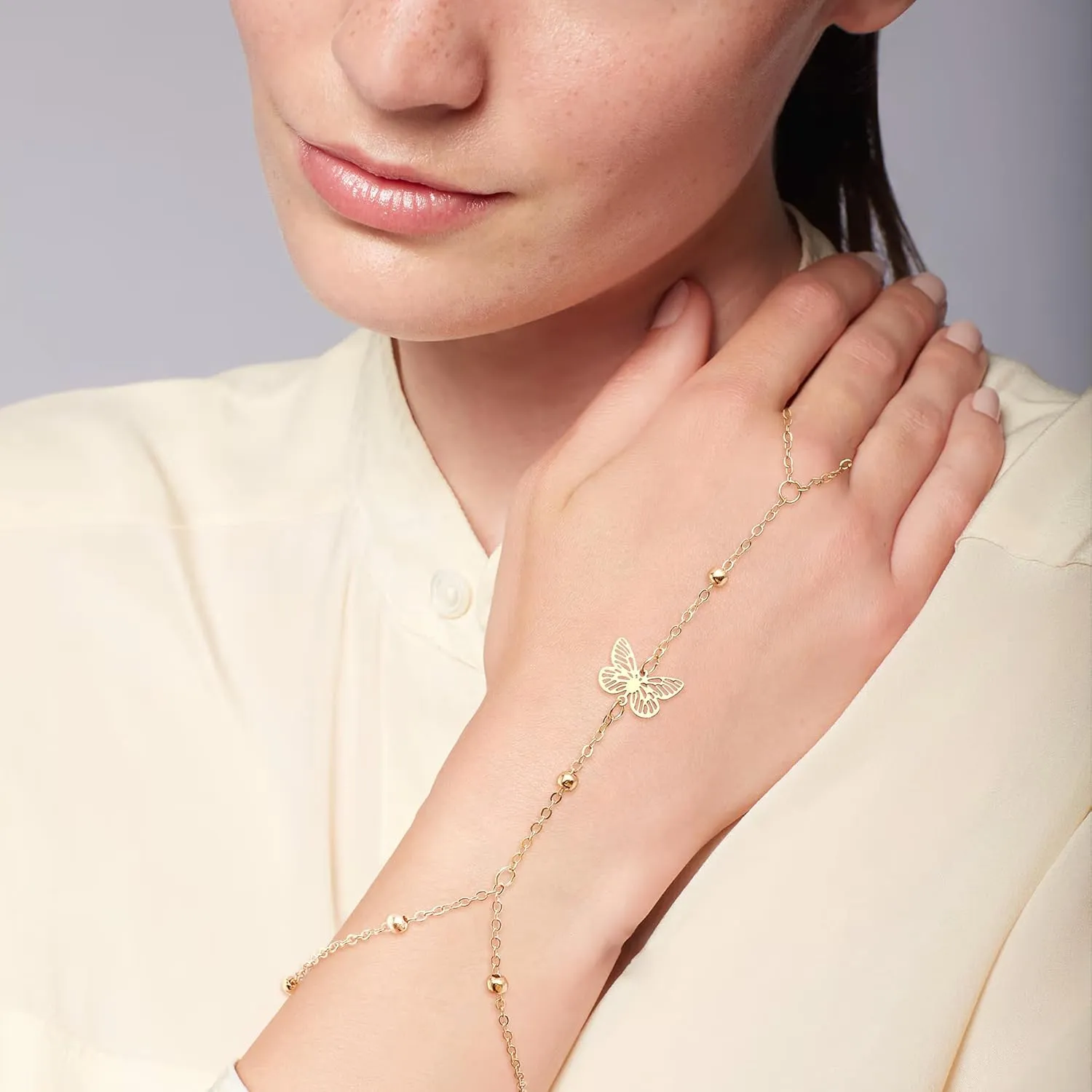 Dainty Star Butterfly Snake Hand Chain Ring Slave Bracelet for Woman