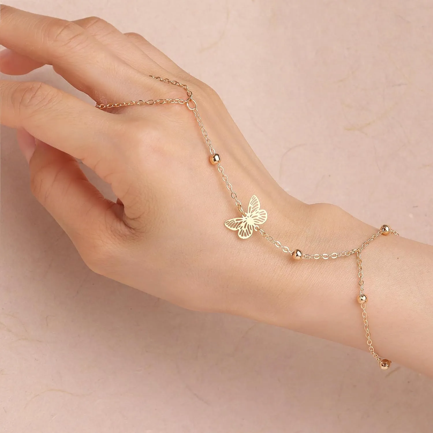 Dainty Star Butterfly Snake Hand Chain Ring Slave Bracelet for Woman
