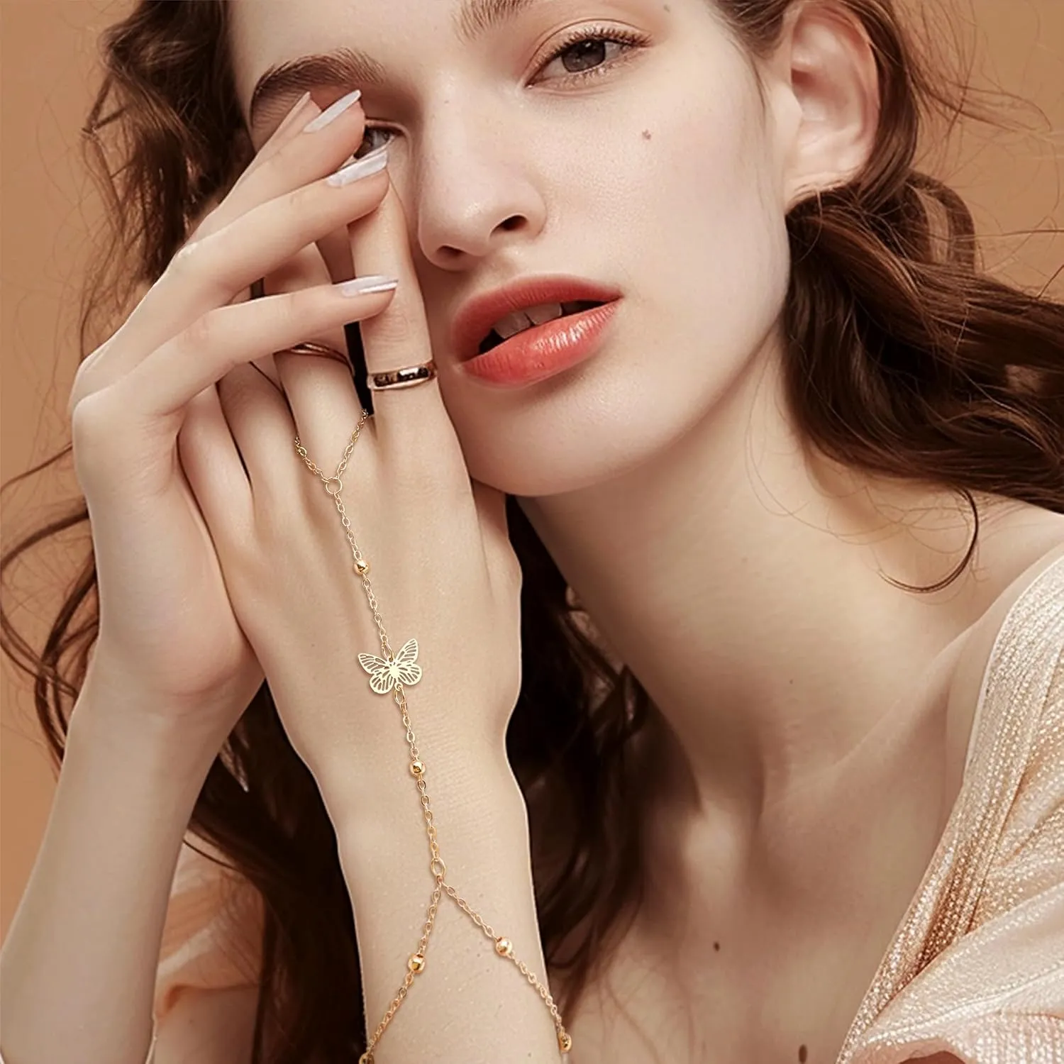 Dainty Star Butterfly Snake Hand Chain Ring Slave Bracelet for Woman