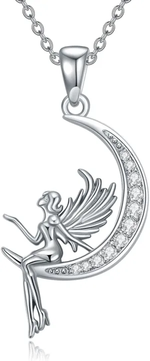 Diamond Angel Moon Necklace for Women 925 Sterling Silver Moon Pendant Angel Wings Necklace Dainty Jewelry Gifts