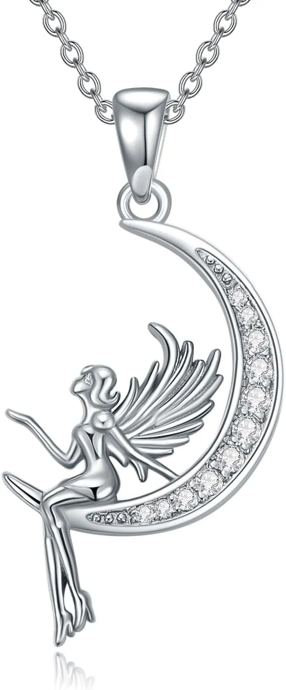 Diamond Angel Moon Necklace for Women 925 Sterling Silver Moon Pendant Angel Wings Necklace Dainty Jewelry Gifts