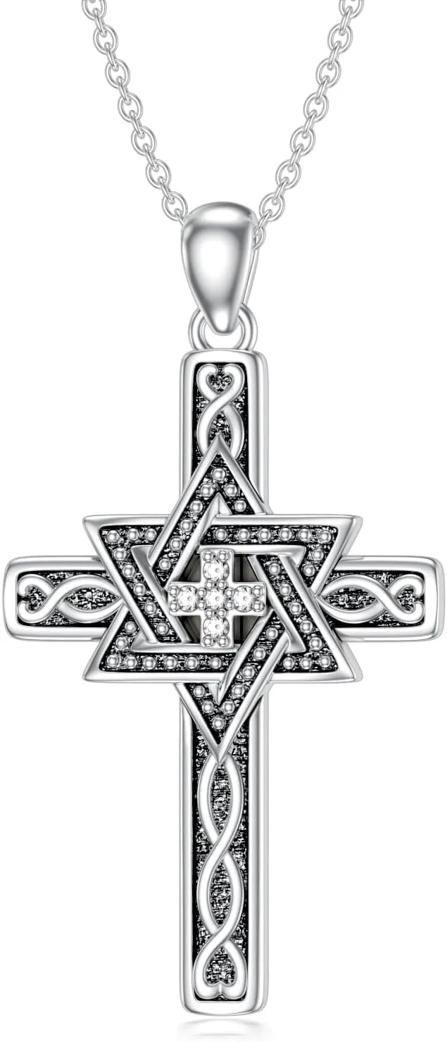 Diamond Cross Necklace 925 Sterling Silver Star of David Cross Pendant Necklace with Lab Grown Diamond Dainty Jewelry for Women