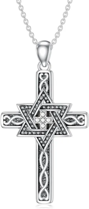 Diamond Cross Necklace 925 Sterling Silver Star of David Cross Pendant Necklace with Lab Grown Diamond Dainty Jewelry for Women
