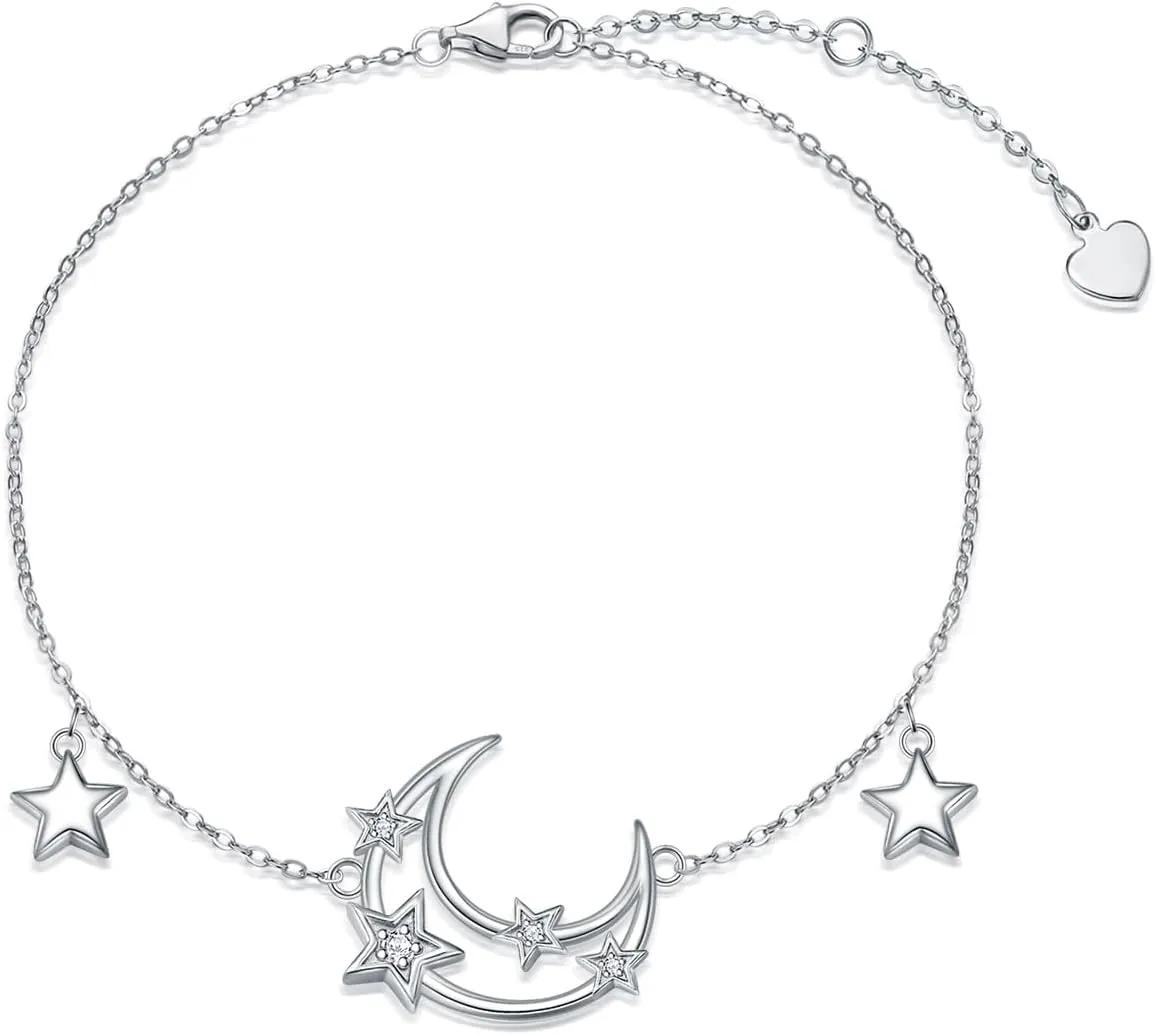 Diamond Moon and Star Bracelet 925 Sterling Silver Adjustable Elegant Jewelry Sparkling Anniversary Birthday Gifts for Women