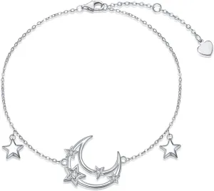 Diamond Moon and Star Bracelet 925 Sterling Silver Adjustable Elegant Jewelry Sparkling Anniversary Birthday Gifts for Women