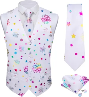 DiBanGu Mens Christmas Suit Vest and Tie Set Fun Snowflake Holiday Party Waistcoat Necktie Pocket Square Cufflinks S-3XL