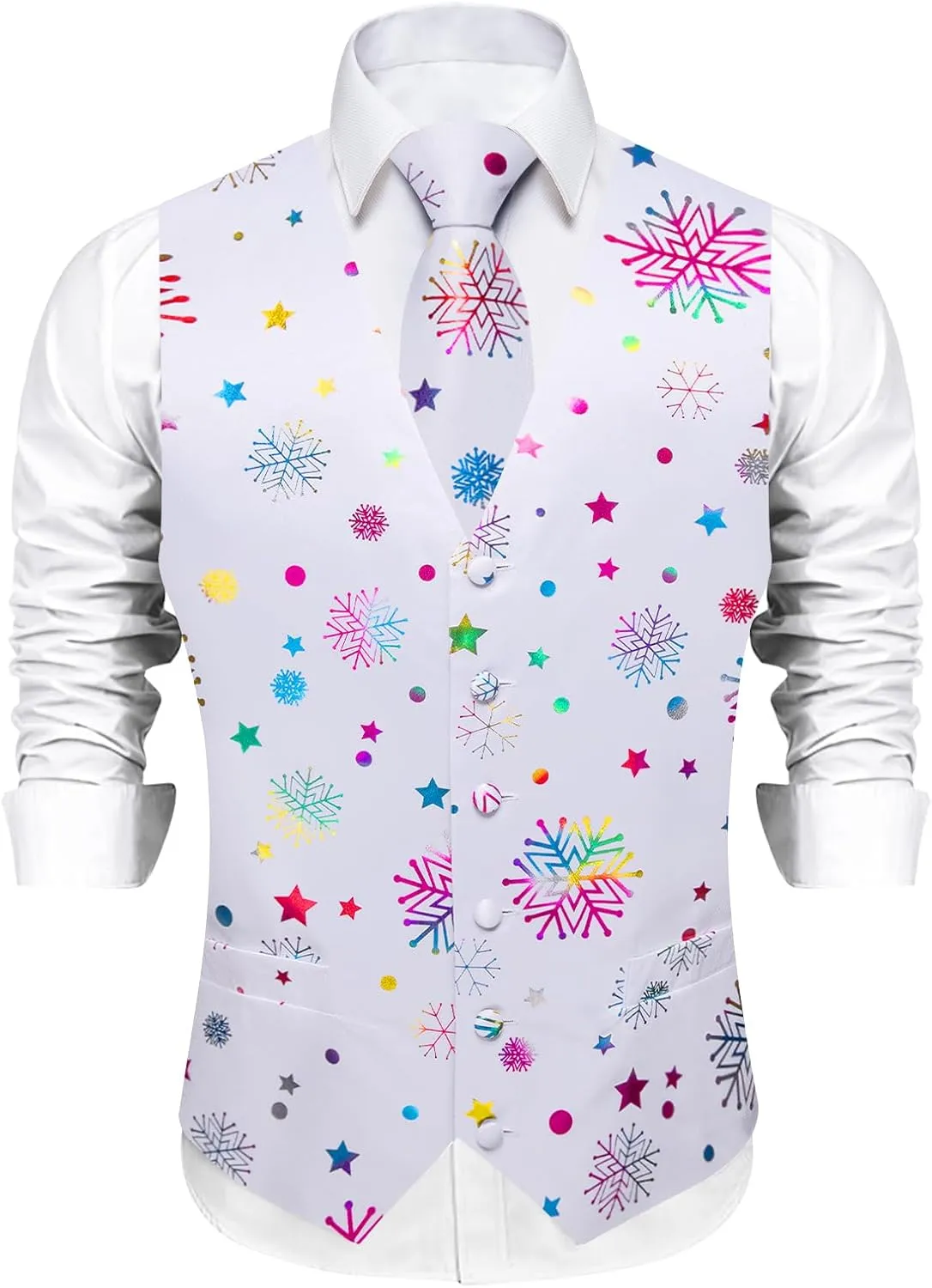 DiBanGu Mens Christmas Suit Vest and Tie Set Fun Snowflake Holiday Party Waistcoat Necktie Pocket Square Cufflinks S-3XL