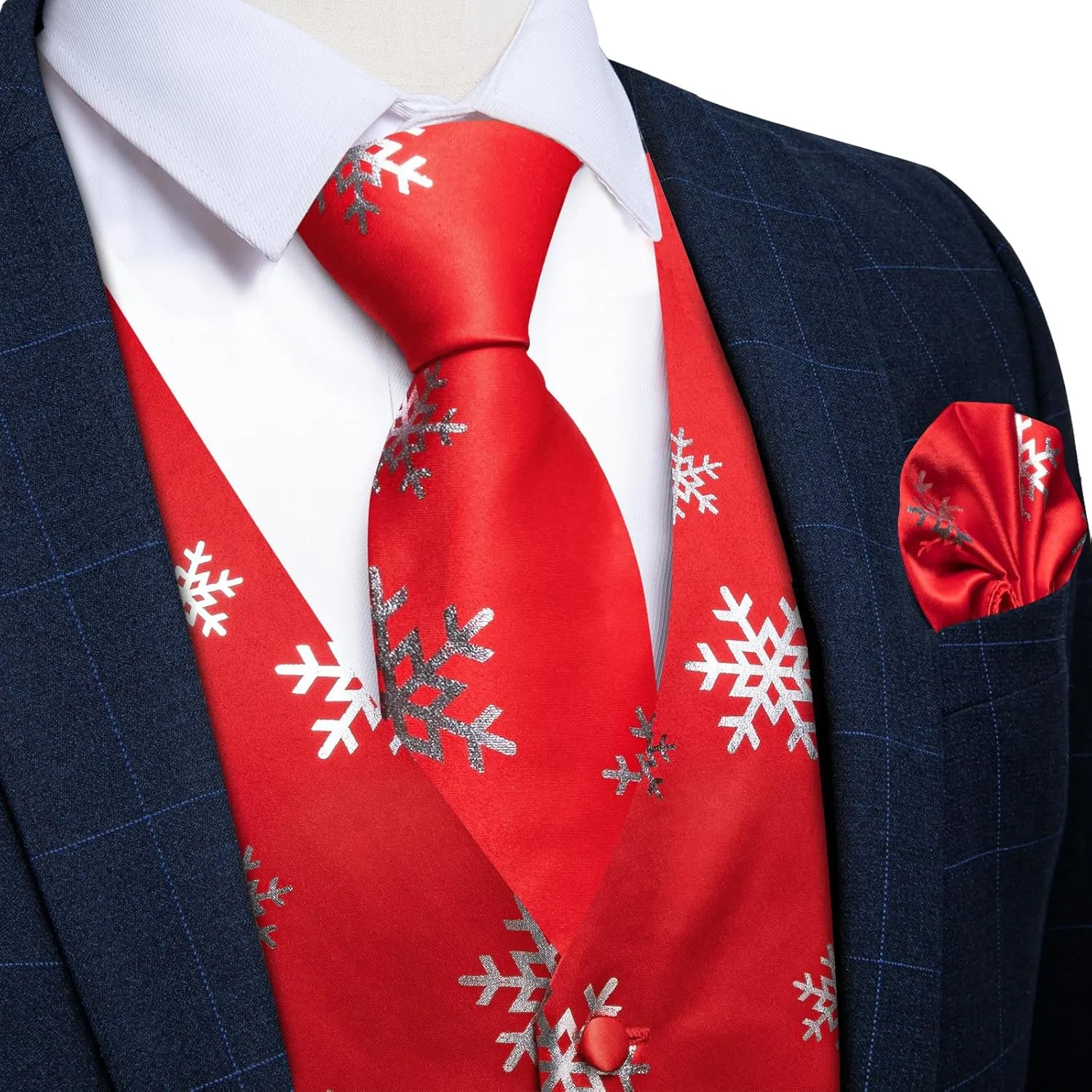 DiBanGu Mens Christmas Suit Vest and Tie Set Fun Snowflake Holiday Party Waistcoat Necktie Pocket Square Cufflinks S-3XL