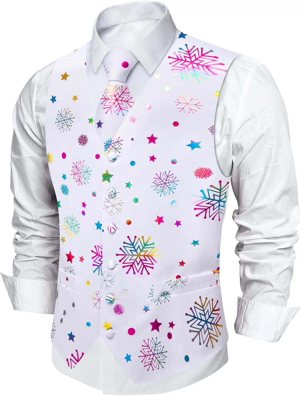 DiBanGu Mens Christmas Suit Vest and Tie Set Fun Snowflake Holiday Party Waistcoat Necktie Pocket Square Cufflinks S-3XL