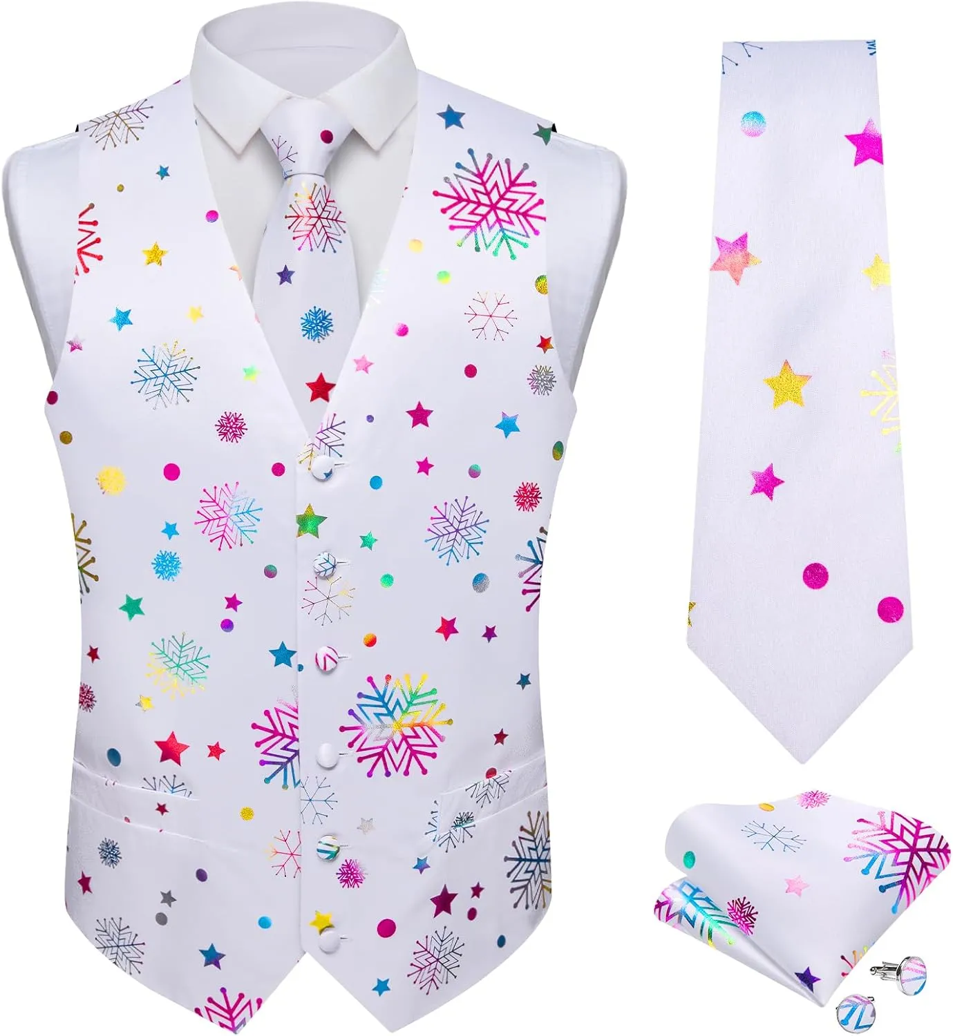 DiBanGu Mens Christmas Suit Vest and Tie Set Fun Snowflake Holiday Party Waistcoat Necktie Pocket Square Cufflinks S-3XL
