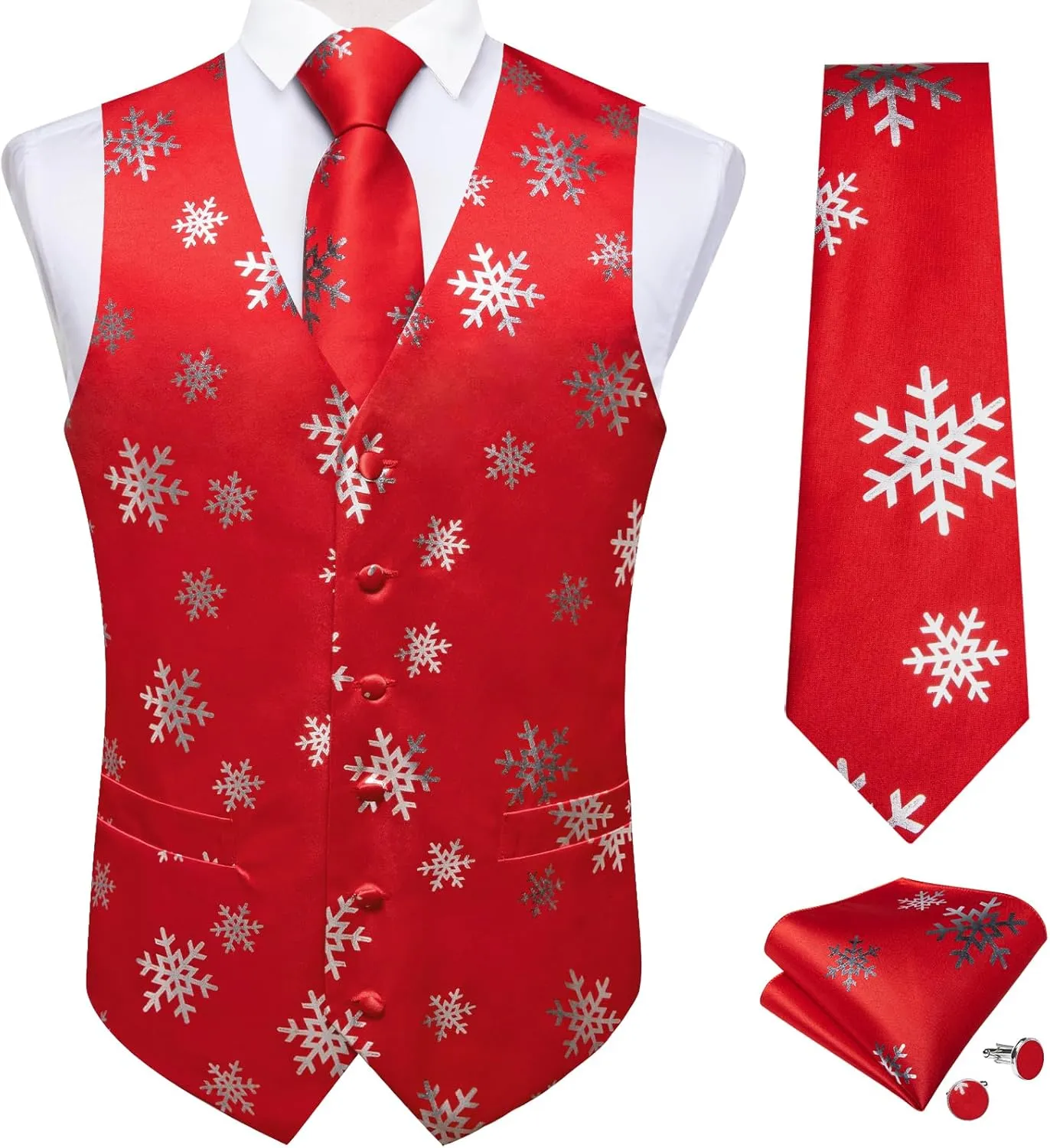 DiBanGu Mens Christmas Suit Vest and Tie Set Fun Snowflake Holiday Party Waistcoat Necktie Pocket Square Cufflinks S-3XL