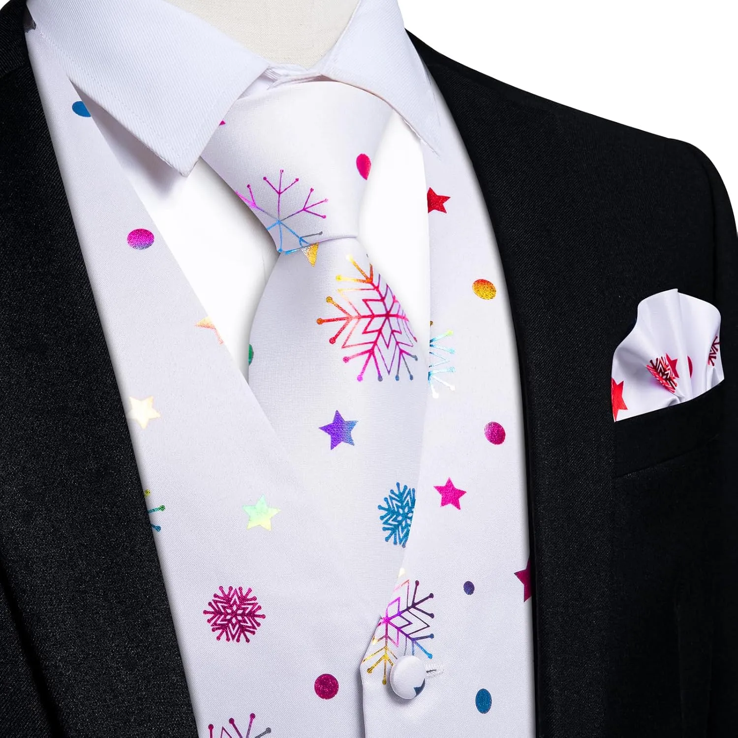 DiBanGu Mens Christmas Suit Vest and Tie Set Fun Snowflake Holiday Party Waistcoat Necktie Pocket Square Cufflinks S-3XL