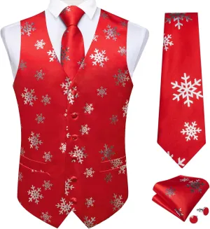 DiBanGu Mens Christmas Suit Vest Red Snowflake Holiday Xmas Waistcoat Tie Pocket Square Cufflinks Festival Party Gifts L