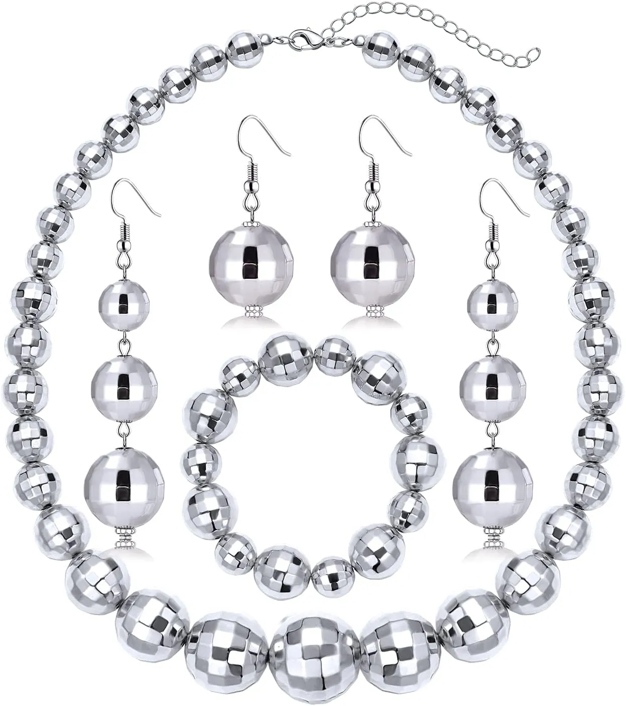 Disco Ball Earrings Necklace Bracelet Jewelry for Women 60s 70s Trendy Mirrorball Dangle Earrings Statement Stretch Mirror Balls Beaded Bracelet Necklace Jewelry Set Retro 1970s Disco Costume Party Holiday Accessory Gifts