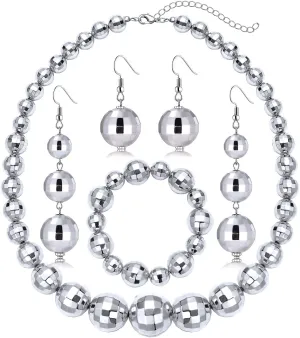 Disco Ball Earrings Necklace Bracelet Jewelry for Women 60s 70s Trendy Mirrorball Dangle Earrings Statement Stretch Mirror Balls Beaded Bracelet Necklace Jewelry Set Retro 1970s Disco Costume Party Holiday Accessory Gifts