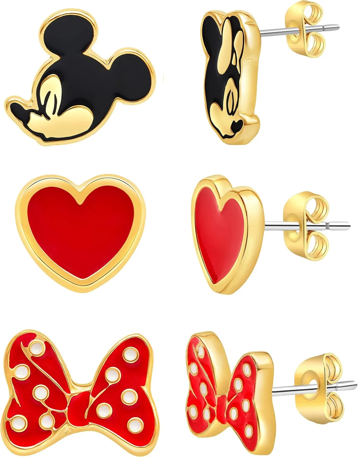 Disney Minnie and Mickey Mouse Earrings 3-Pack Official License, Enamel-Plated Stud Earrings